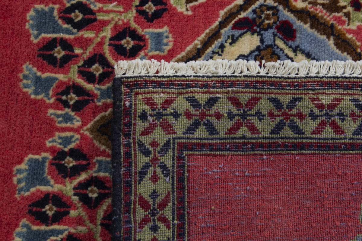 Persian Kashan accent rug in faded red and dusty blue, view 10 of 10