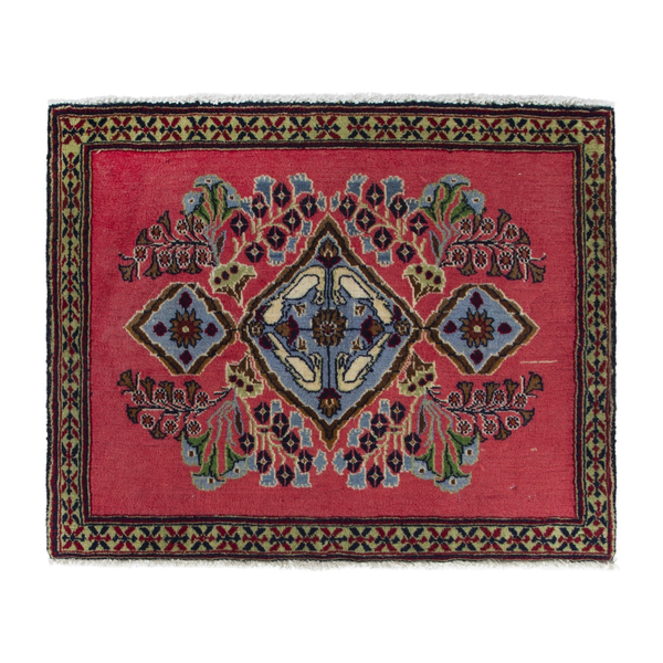 Persian Kashan accent rug in faded red and dusty blue, 2'7" x 2'
