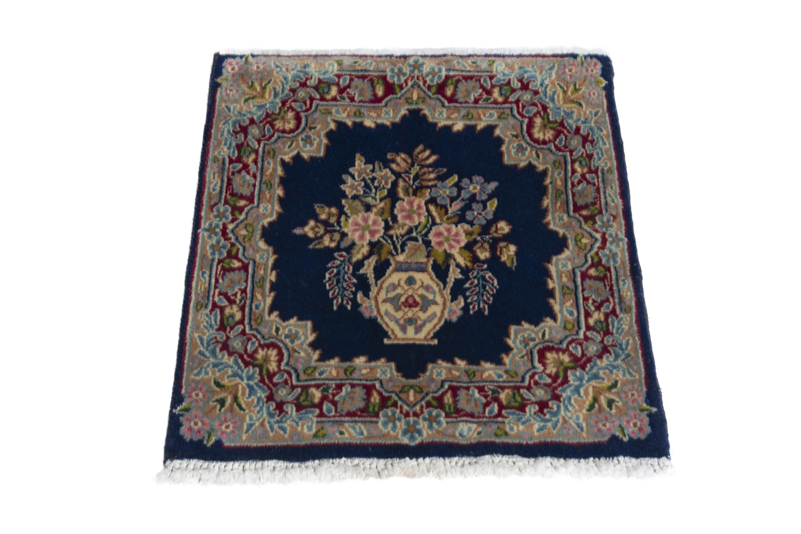 Persian Kerman accent rug in navy and burgundy, view 2 of 8