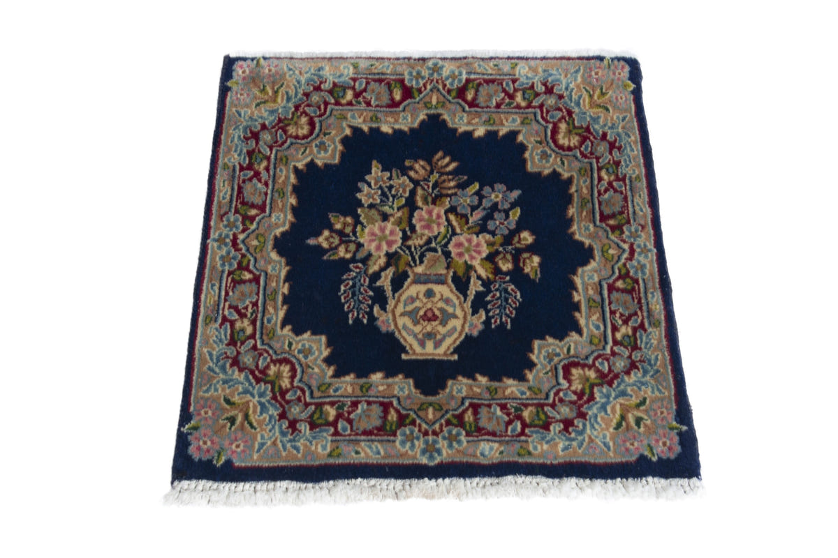 Persian Kerman accent rug in navy and burgundy, view 3 of 9
