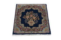 Persian Kerman accent rug in navy and burgundy, view 3 of 9
