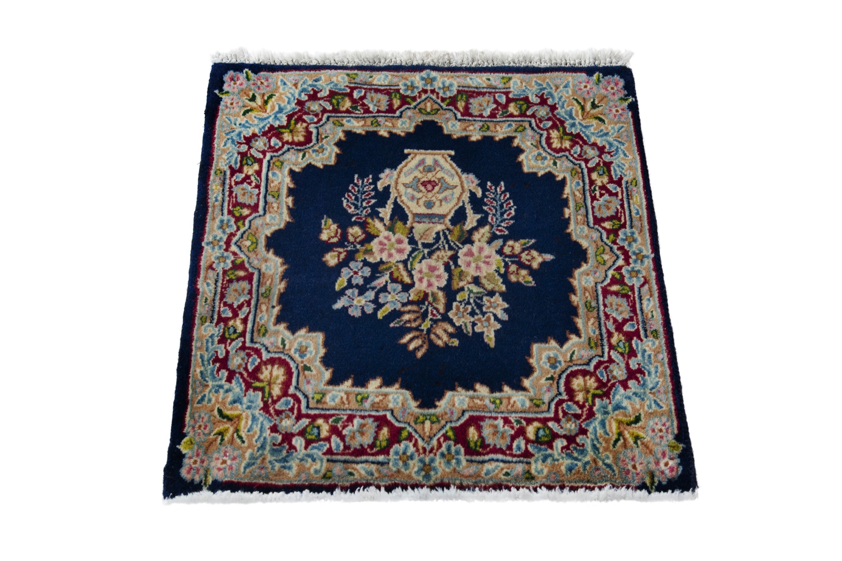 Persian Kerman accent rug in navy and burgundy, view 3 of 8