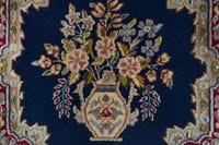 Persian Kerman accent rug in navy and burgundy, view 7 of 9