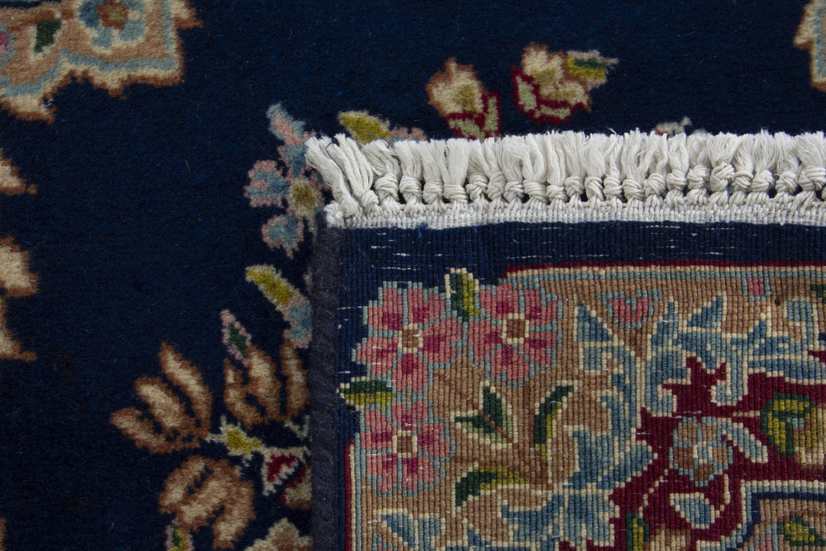 Persian Kerman accent rug in navy and burgundy, view 9 of 9