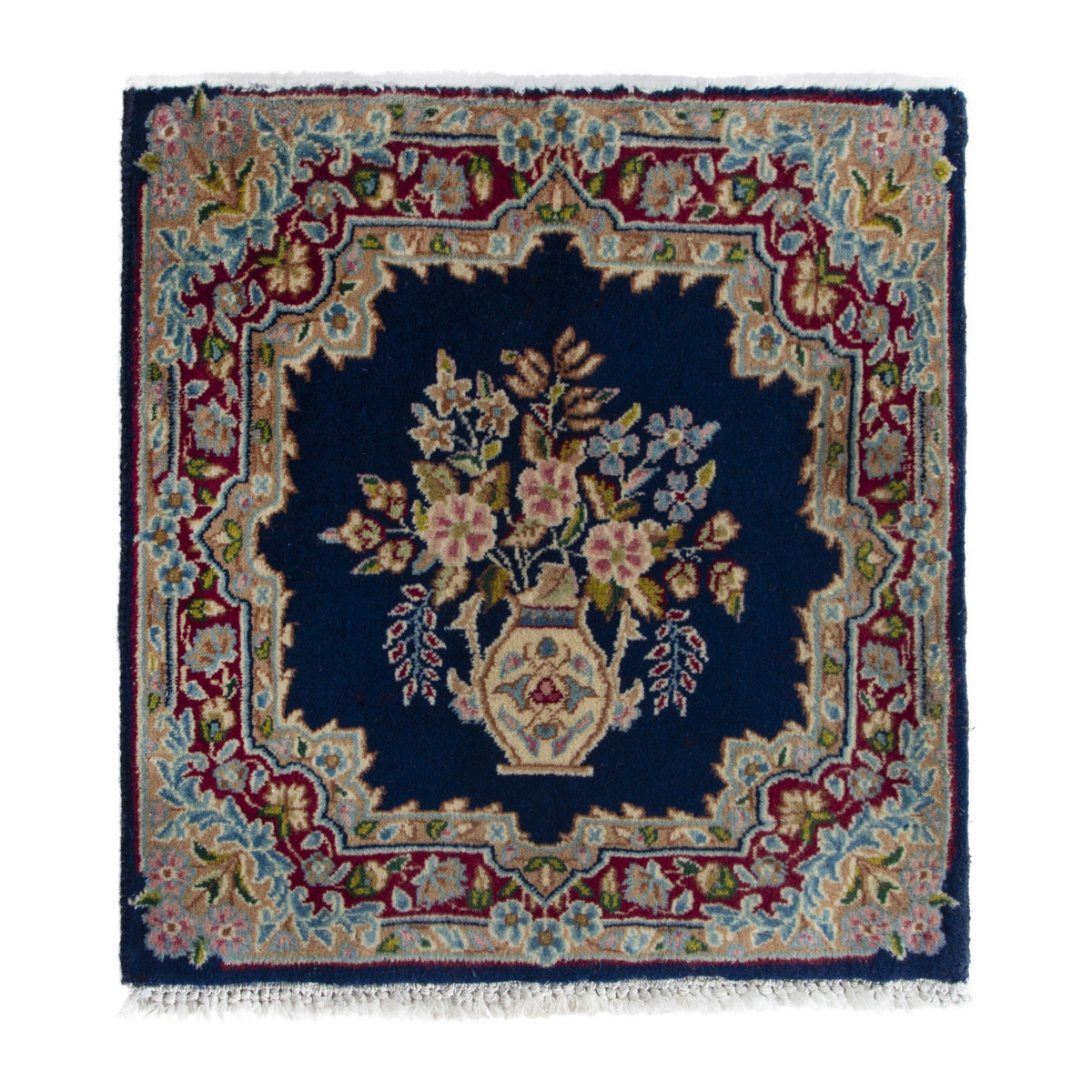 Persian Kerman accent rug in navy and burgundy, 1'9" x 1'9"