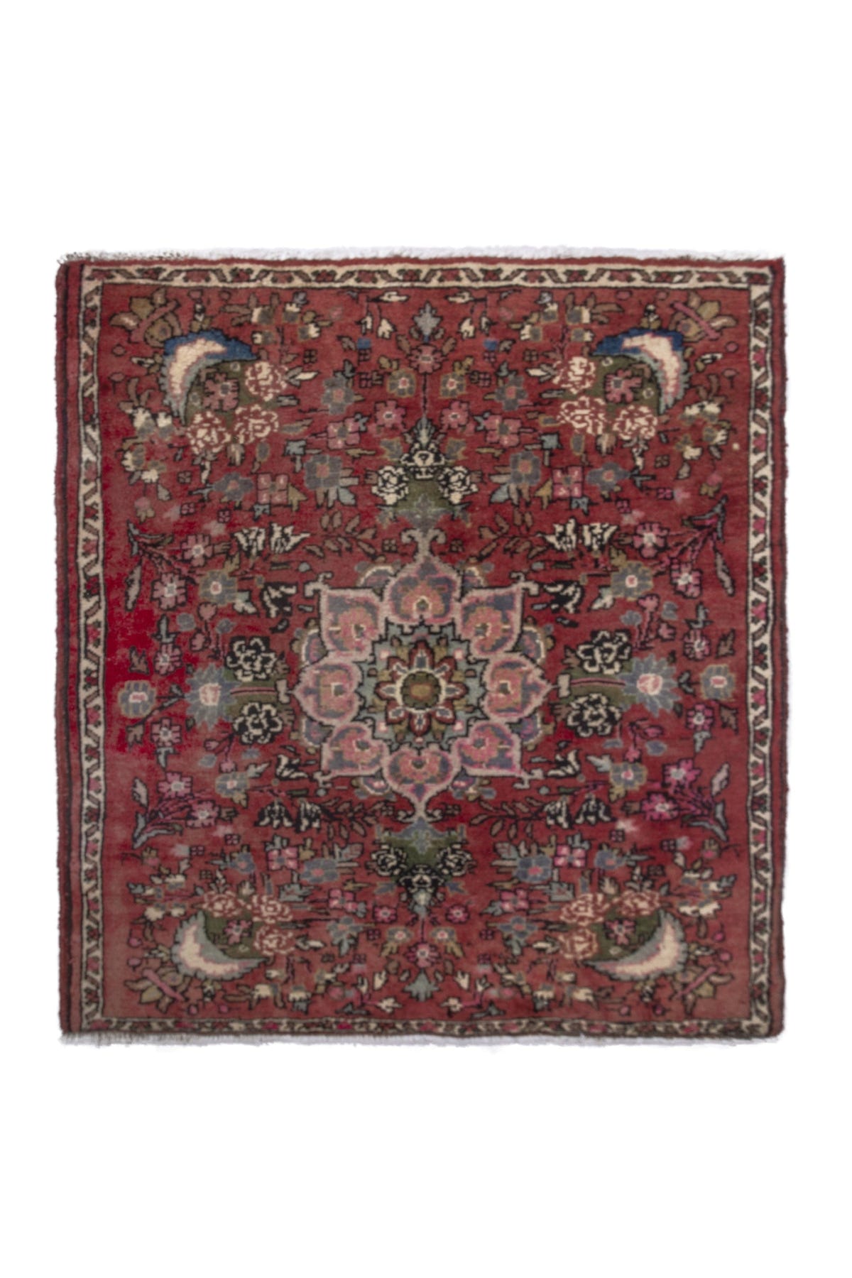 Persian Hamadan accent rug in faded red and cream, view 2 of 9