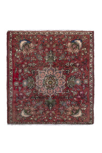 Persian Hamadan accent rug in faded red and cream, view 2 of 9