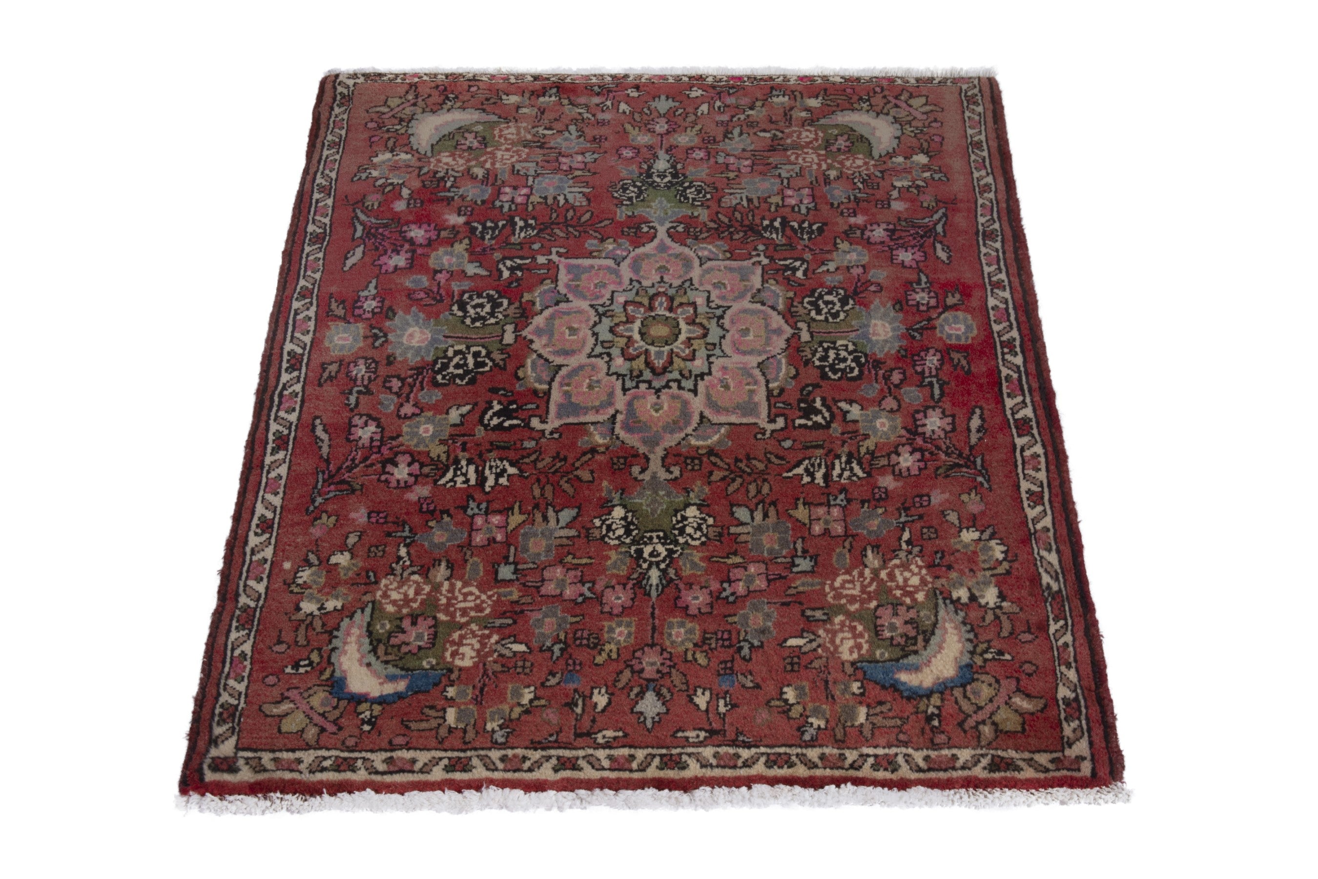 Persian Hamedan accent rug in faded red and cream, view 2 of 8