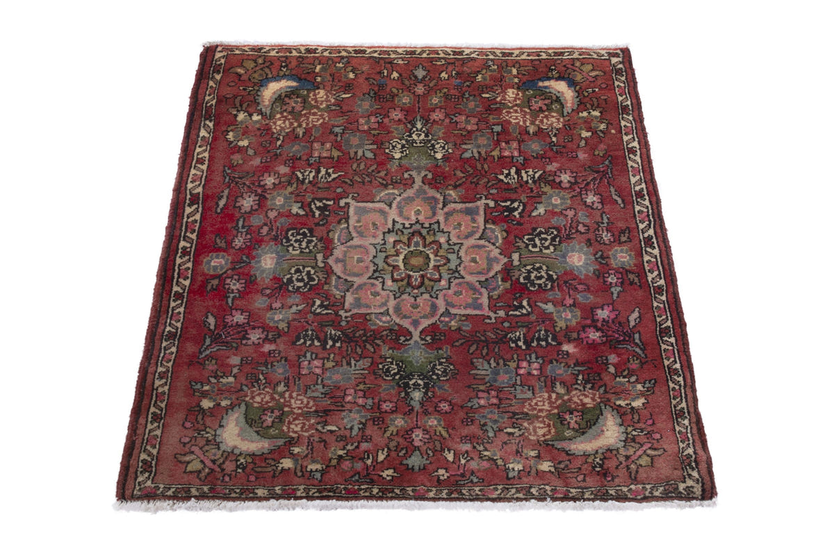 Persian Hamadan accent rug in faded red and cream, view 4 of 9