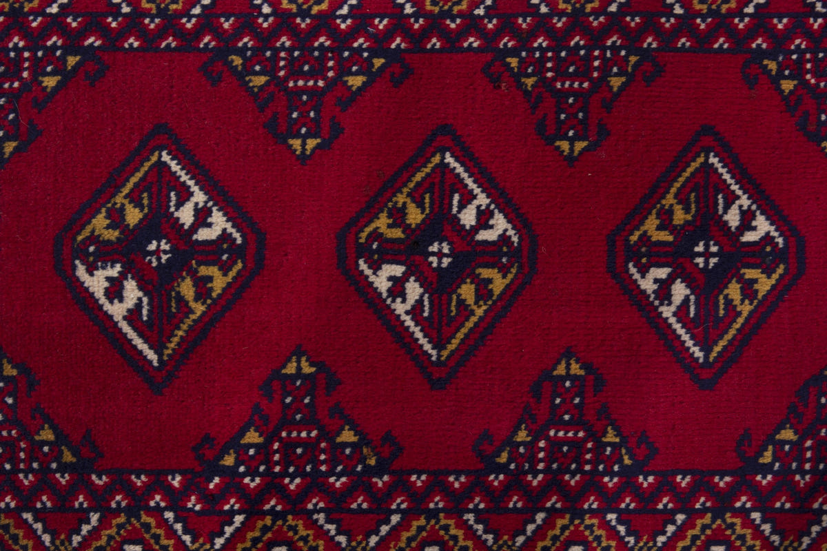 Persian Torkaman accent rug in burgundy and deep red, view 7 of 9
