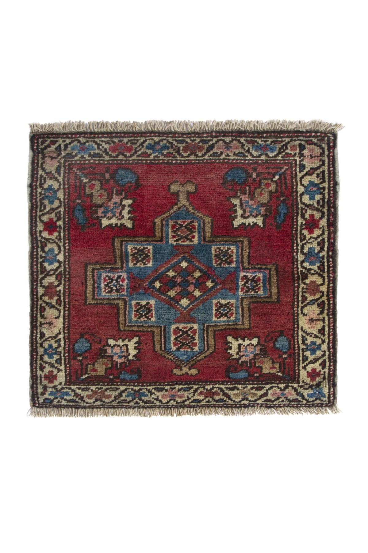 Persian Heriz accent rug in deep red and dusty blue, view 2 of 9