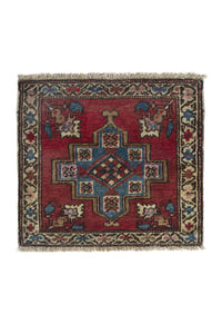 Persian Heriz accent rug in deep red and dusty blue, view 2 of 9