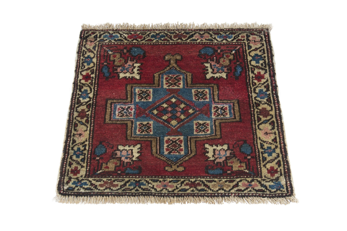 Persian Heriz accent rug in deep red and dusty blue, view 3 of 9