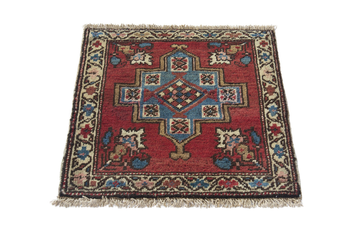 Persian Heriz accent rug in deep red and dusty blue, view 4 of 9