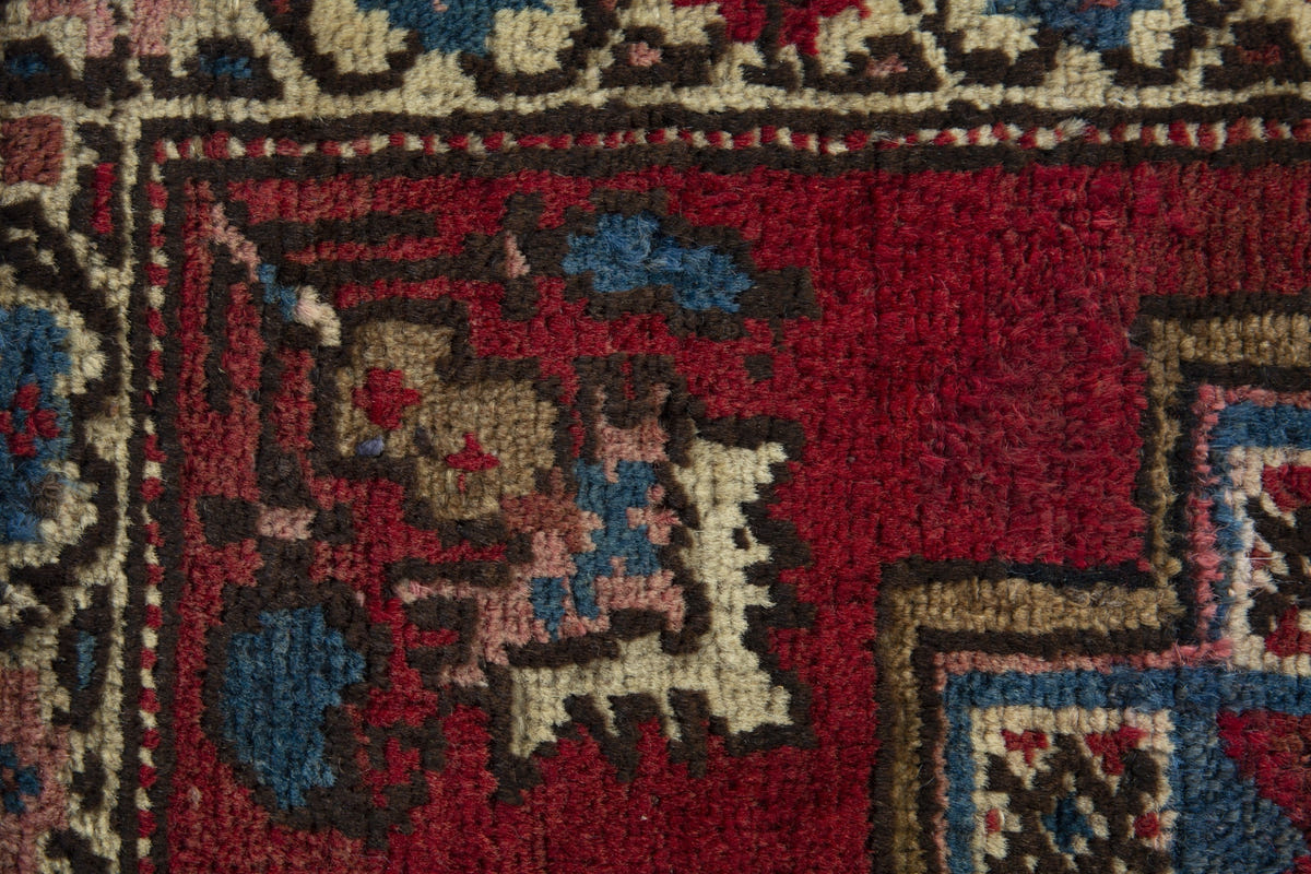 Persian Heriz accent rug in deep red and dusty blue, view 8 of 9