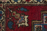 Persian Heriz accent rug in deep red and dusty blue, view 8 of 9