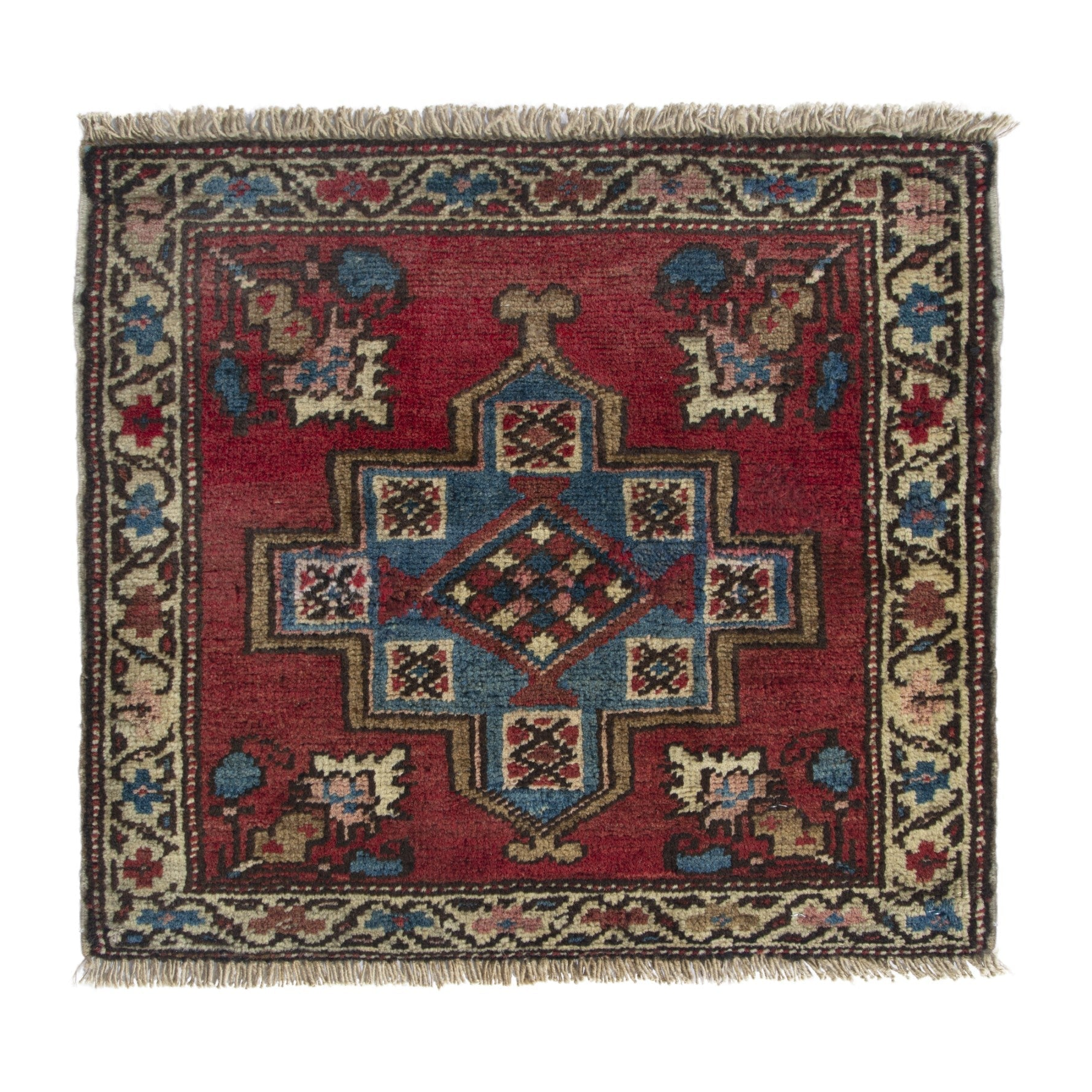 Persian Heriz accent rug in deep red and dusty blue, 1'9" x 1'7"