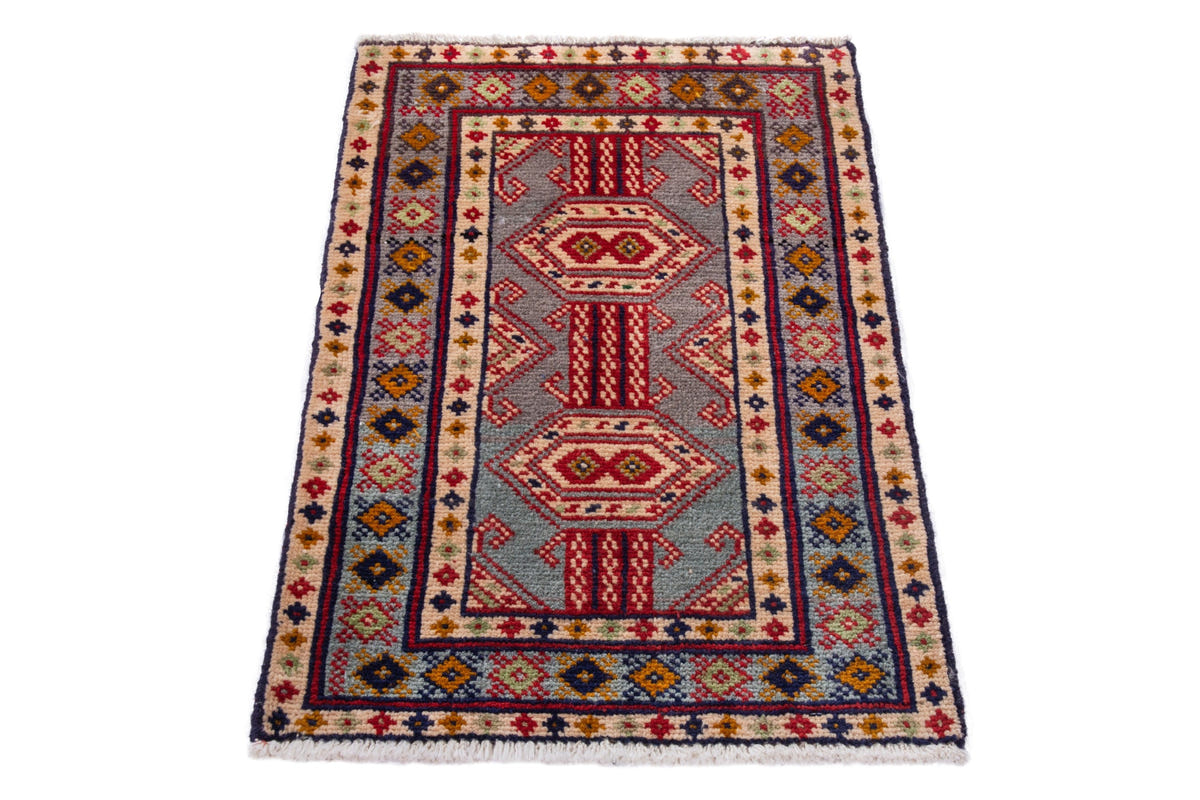 Persian Torkaman accent rug in stone and cream, view 3 of 8
