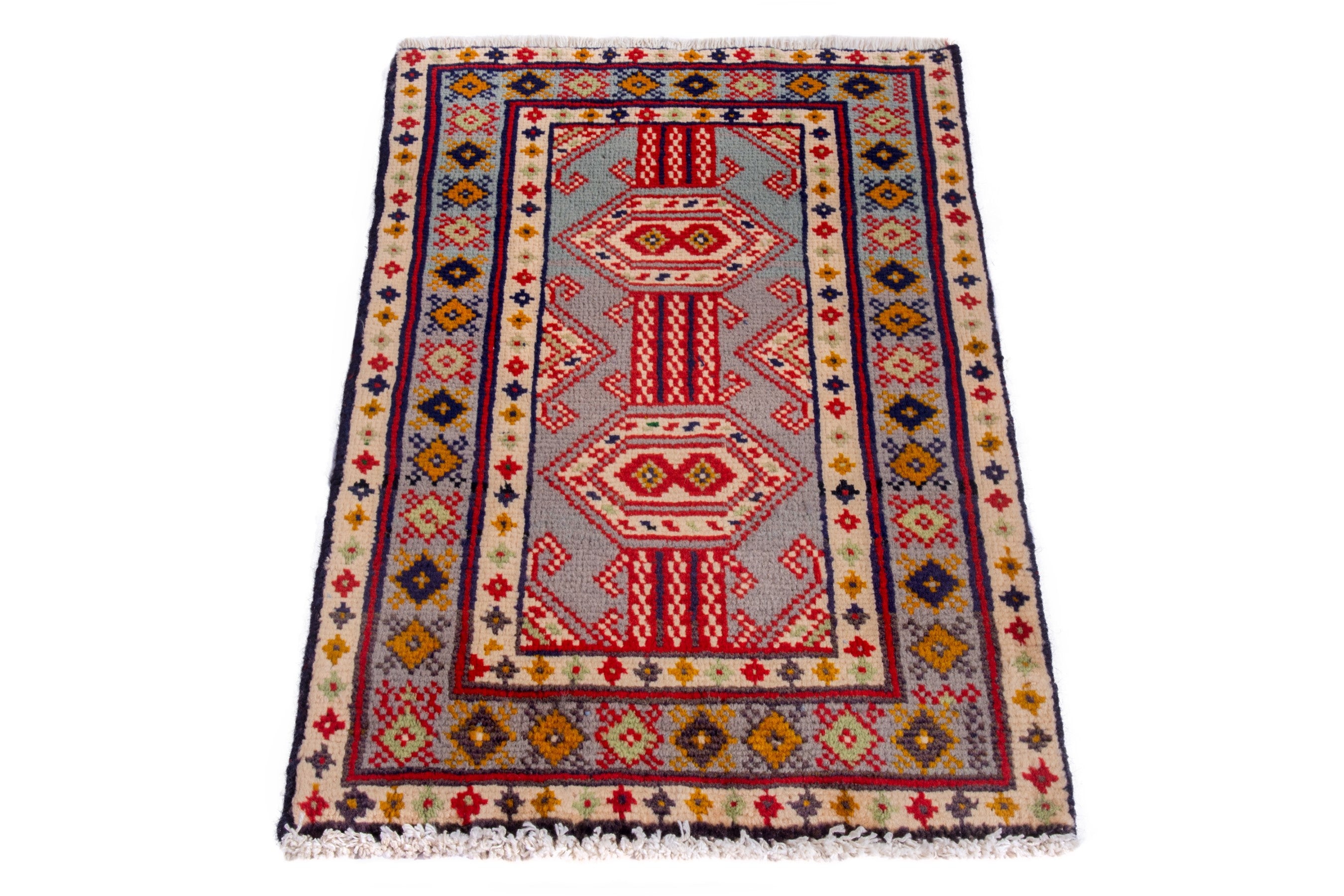 Persian Torkaman accent rug in stone and cream, view 3 of 7