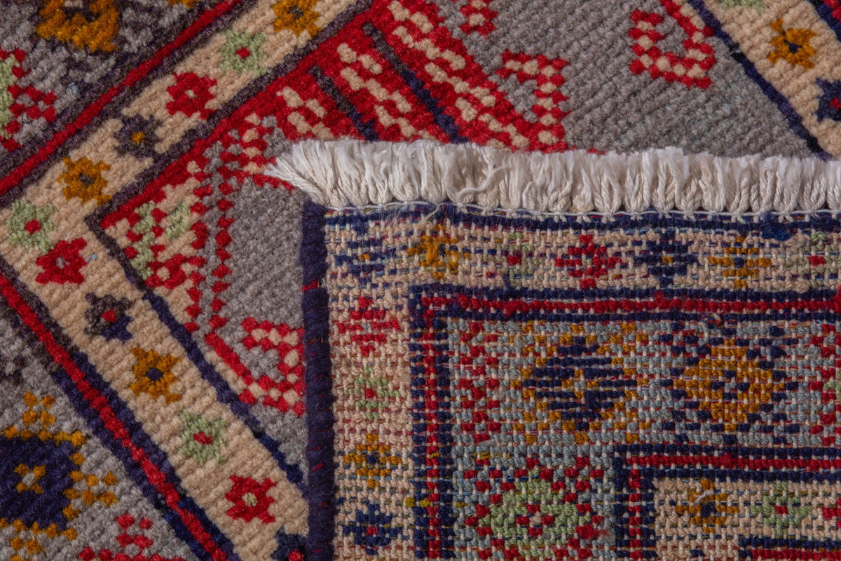 Persian Torkaman accent rug in stone and cream, view 8 of 8