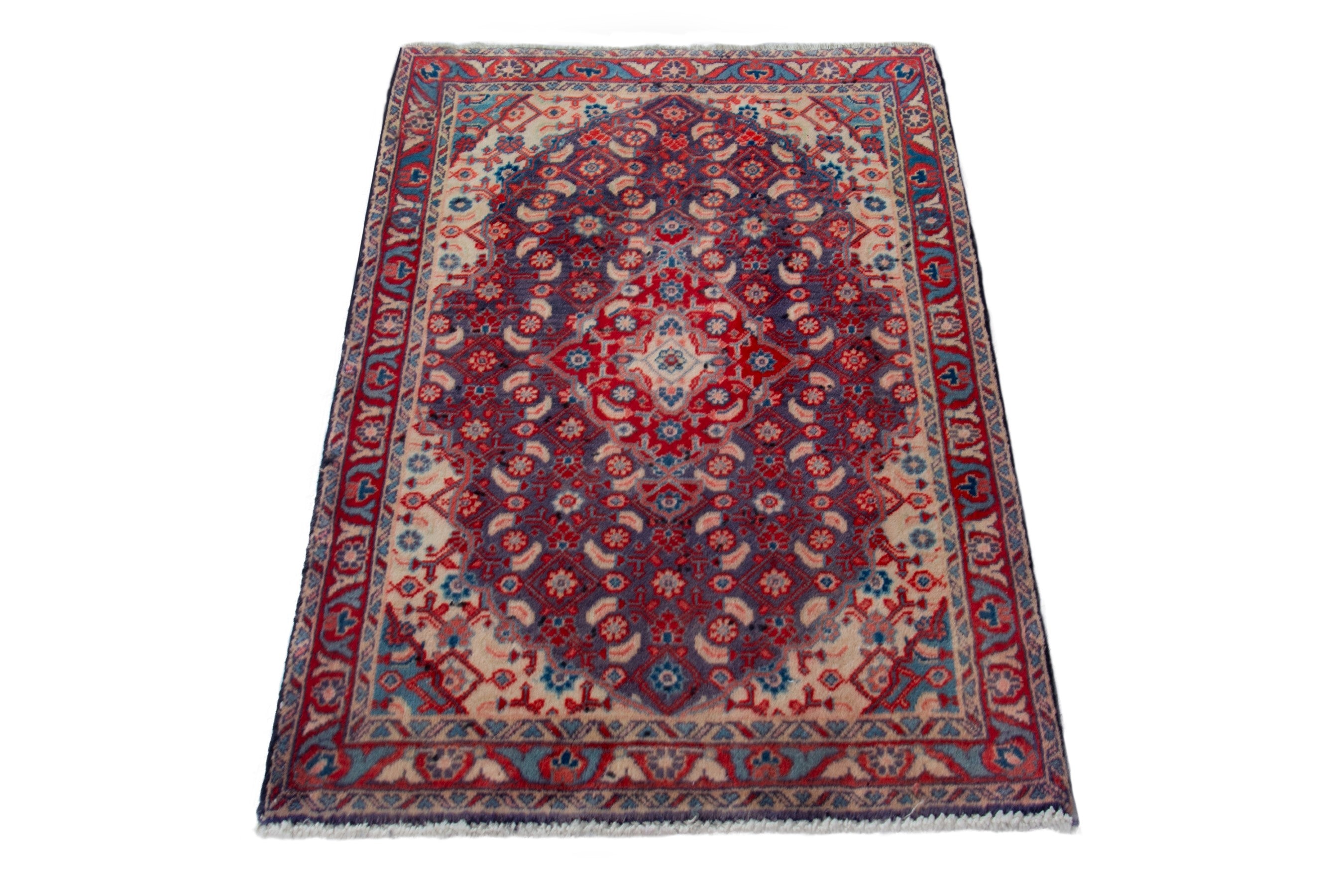 Persian Mahal accent rug in slate blue and deep red, view 3 of 9