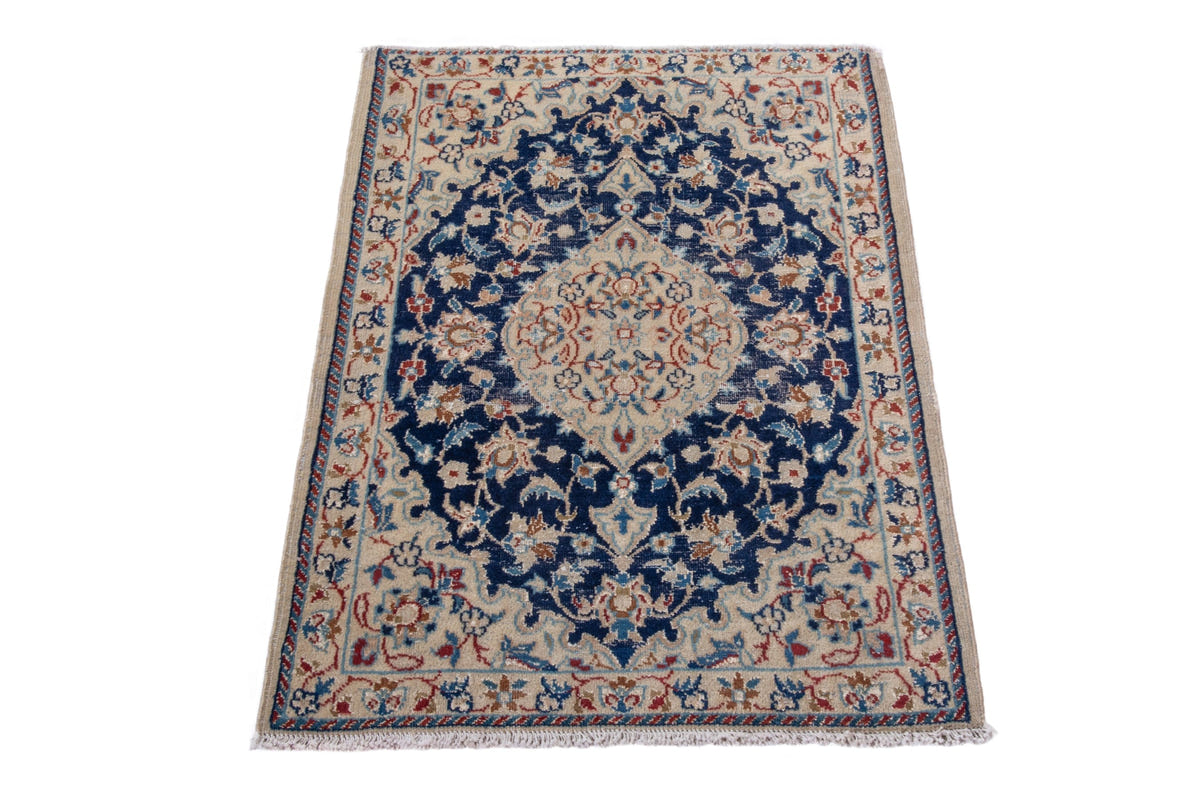 Persian Nain accent rug in navy and cream, view 3 of 8