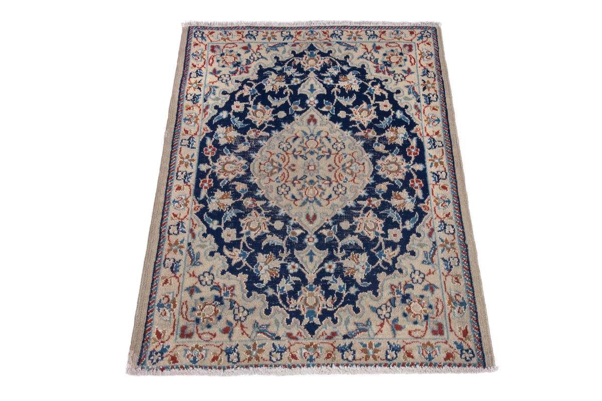 Persian Nain accent rug in navy and cream, view 4 of 8