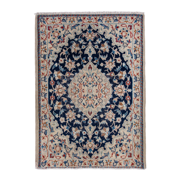 Persian Nain accent rug in navy and cream, 2' x 2'7"