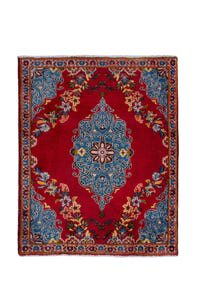 Persian Kashan accent rug in deep red and dusty blue, view 2 of 8