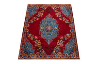 Persian Kashan accent rug in deep red and dusty blue, view 3 of 8