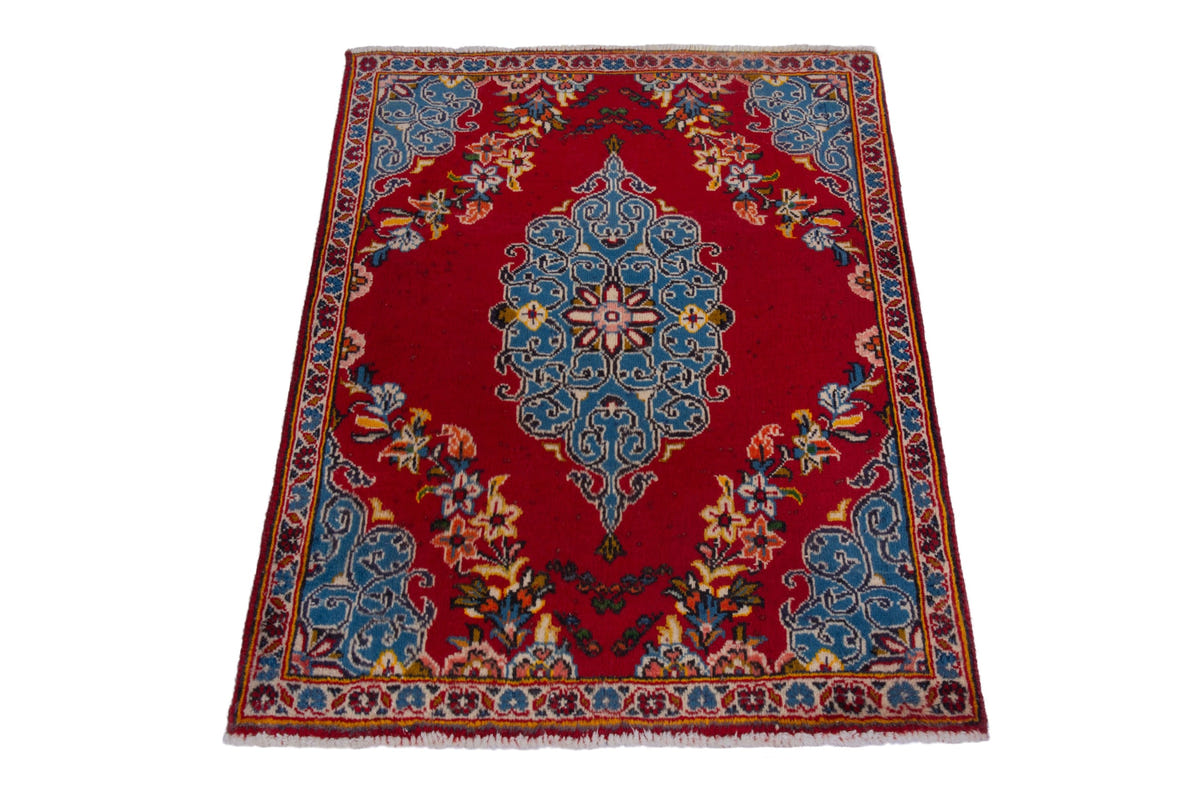Persian Kashan accent rug in deep red and dusty blue, view 4 of 8