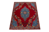 Persian Kashan accent rug in deep red and dusty blue, view 4 of 8