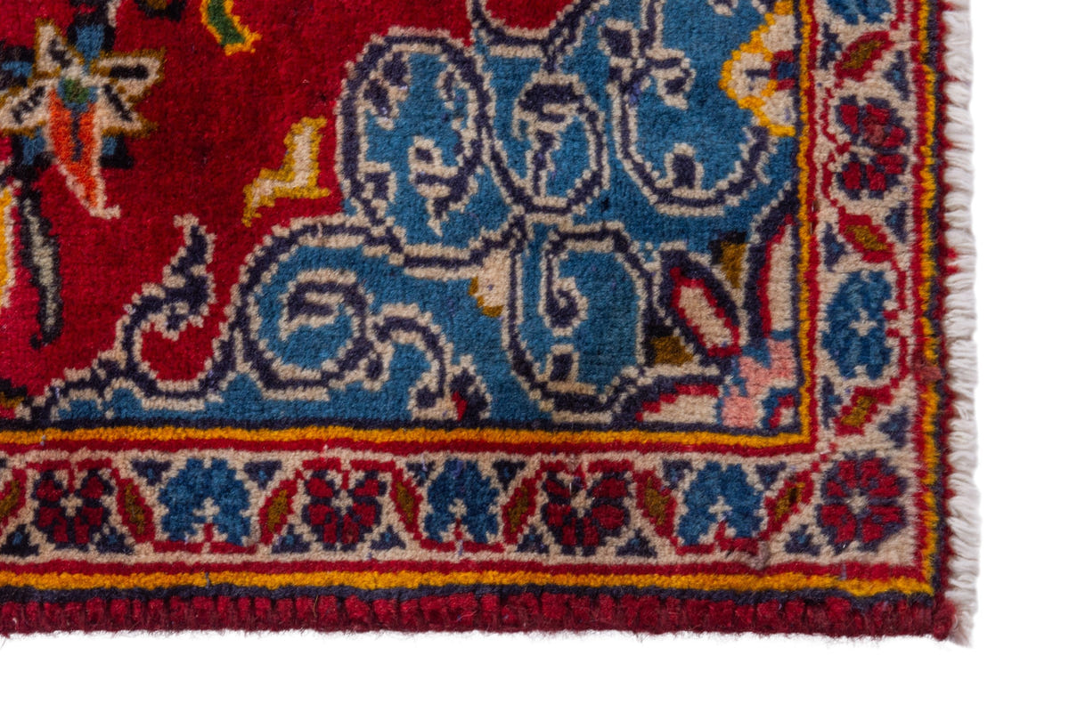 Persian Kashan accent rug in deep red and dusty blue, view 5 of 8