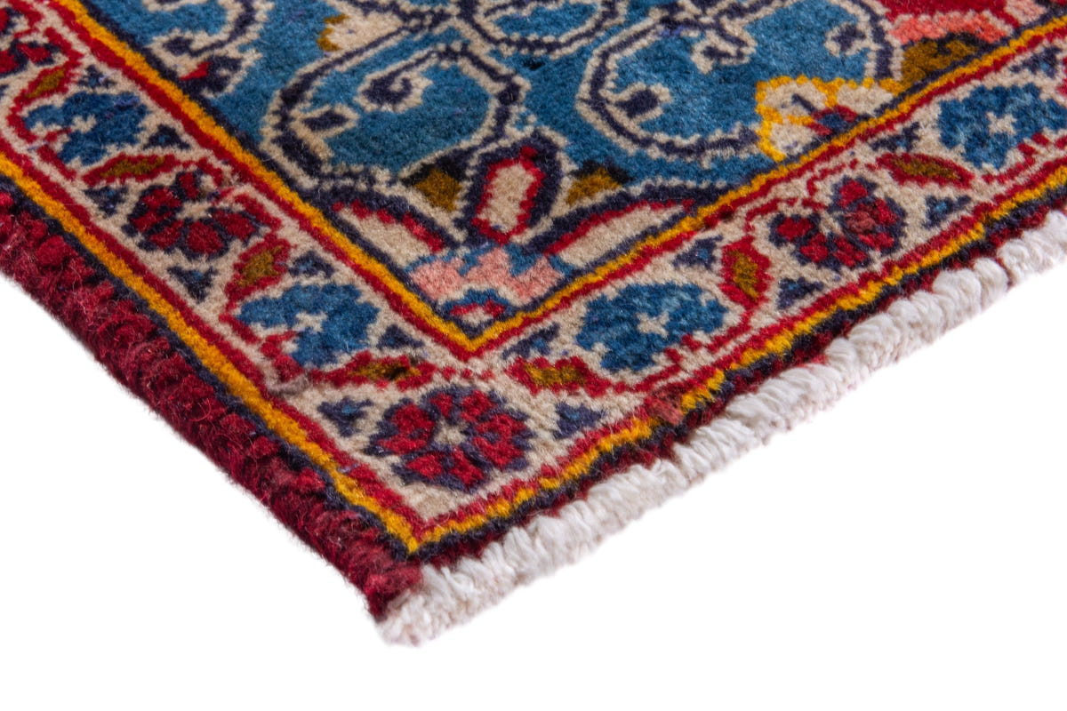 Persian Kashan accent rug in deep red and dusty blue, view 6 of 8