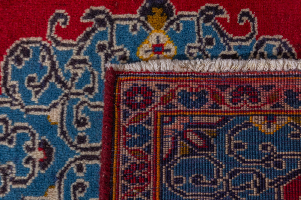 Persian Kashan accent rug in deep red and dusty blue, view 8 of 8