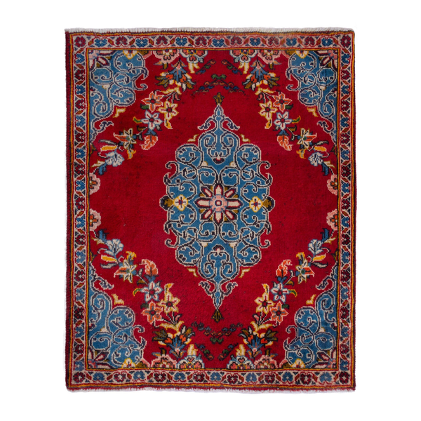 Persian Kashan accent rug in deep red and dusty blue, 2'9" x 2'11"