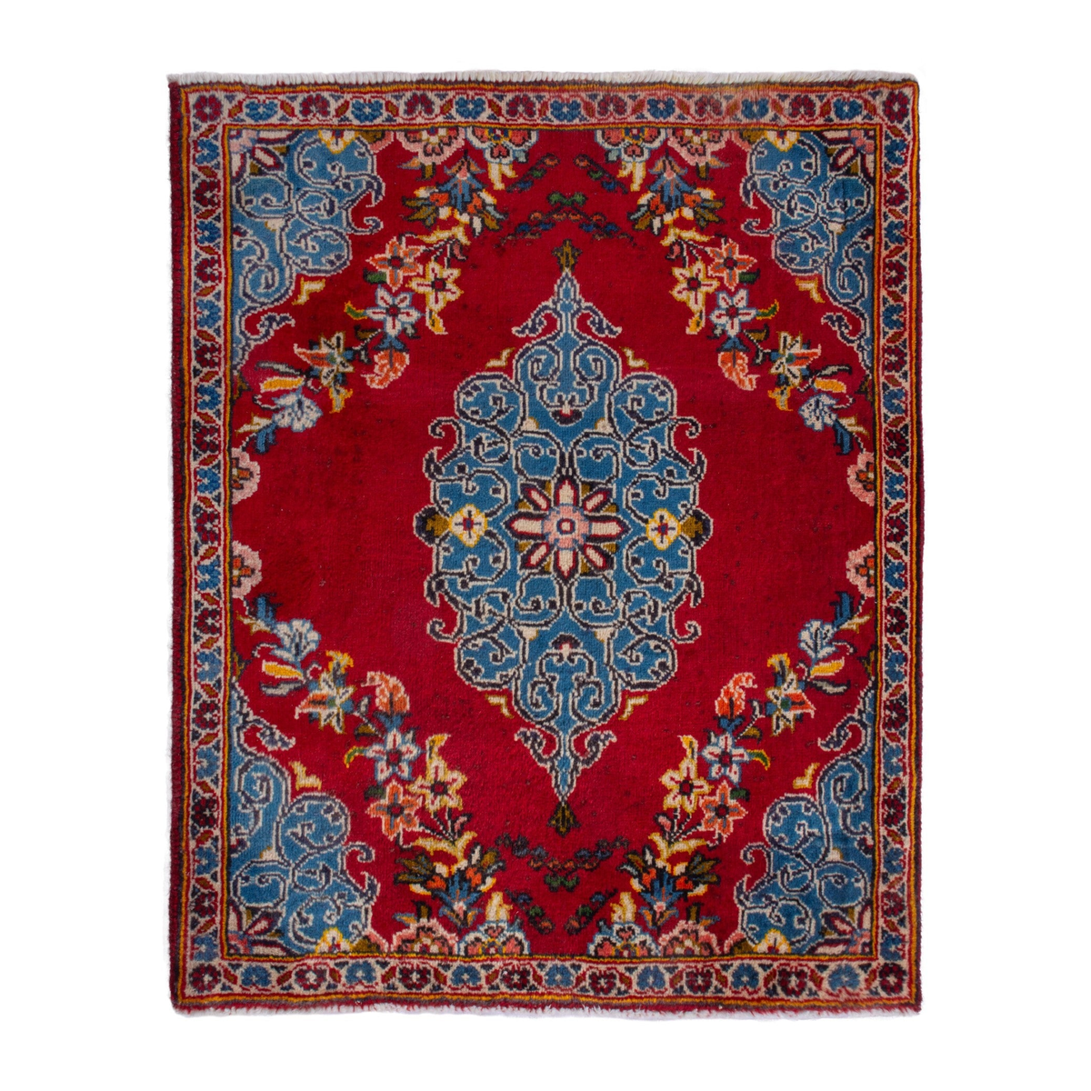Persian Kashan accent rug in deep red and dusty blue, 2'9" x 2'11"
