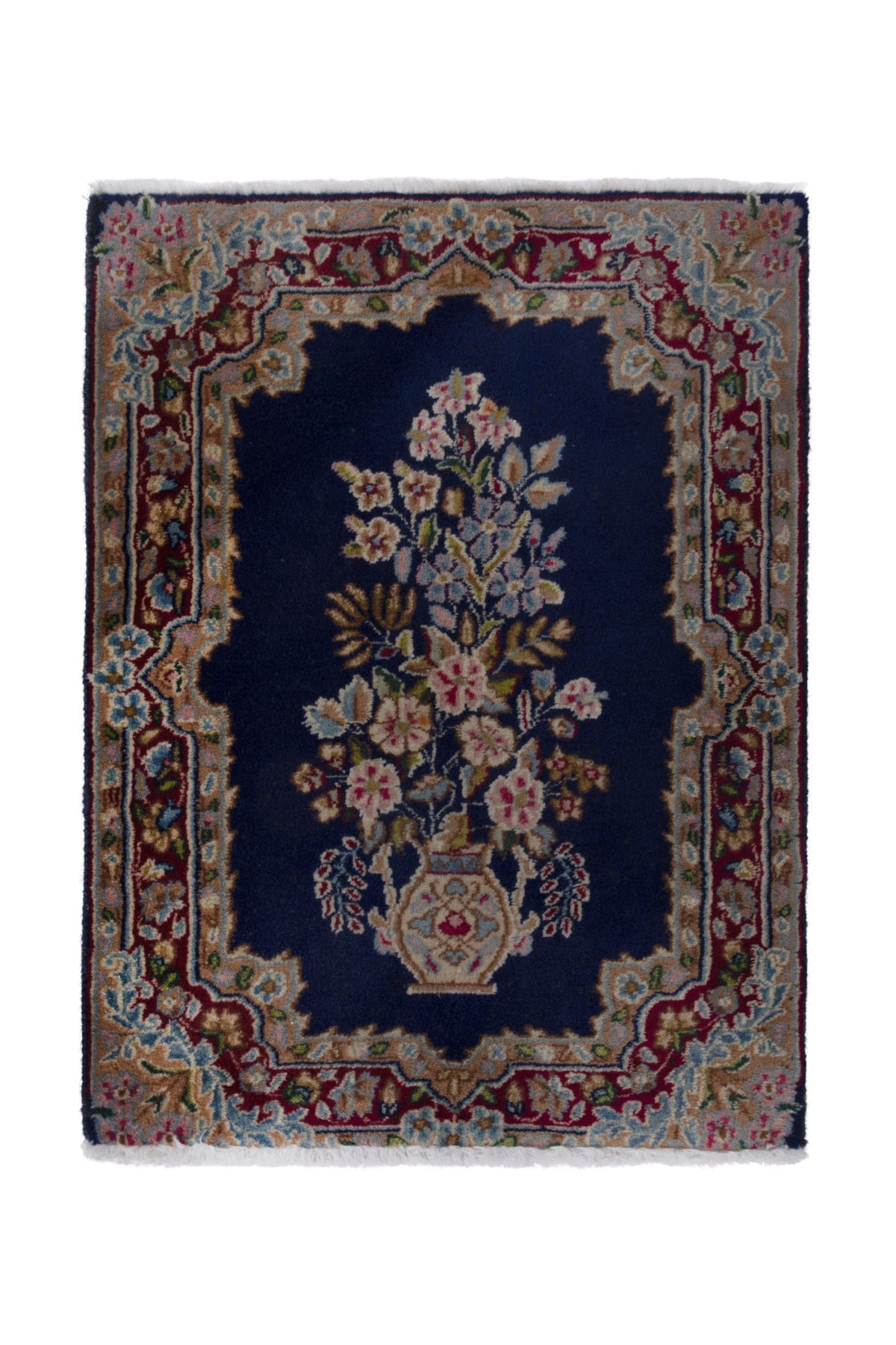 Persian Kerman accent rug in navy and burgundy, view 2 of 8