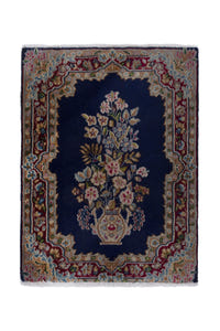 Persian Kerman accent rug in navy and burgundy, view 2 of 8
