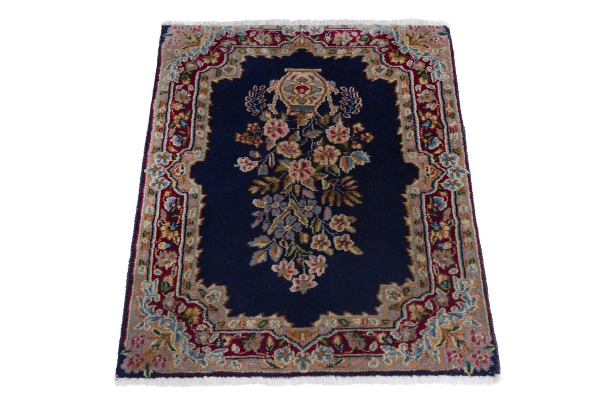 Persian Kerman accent rug in navy and burgundy, view 3 of 8