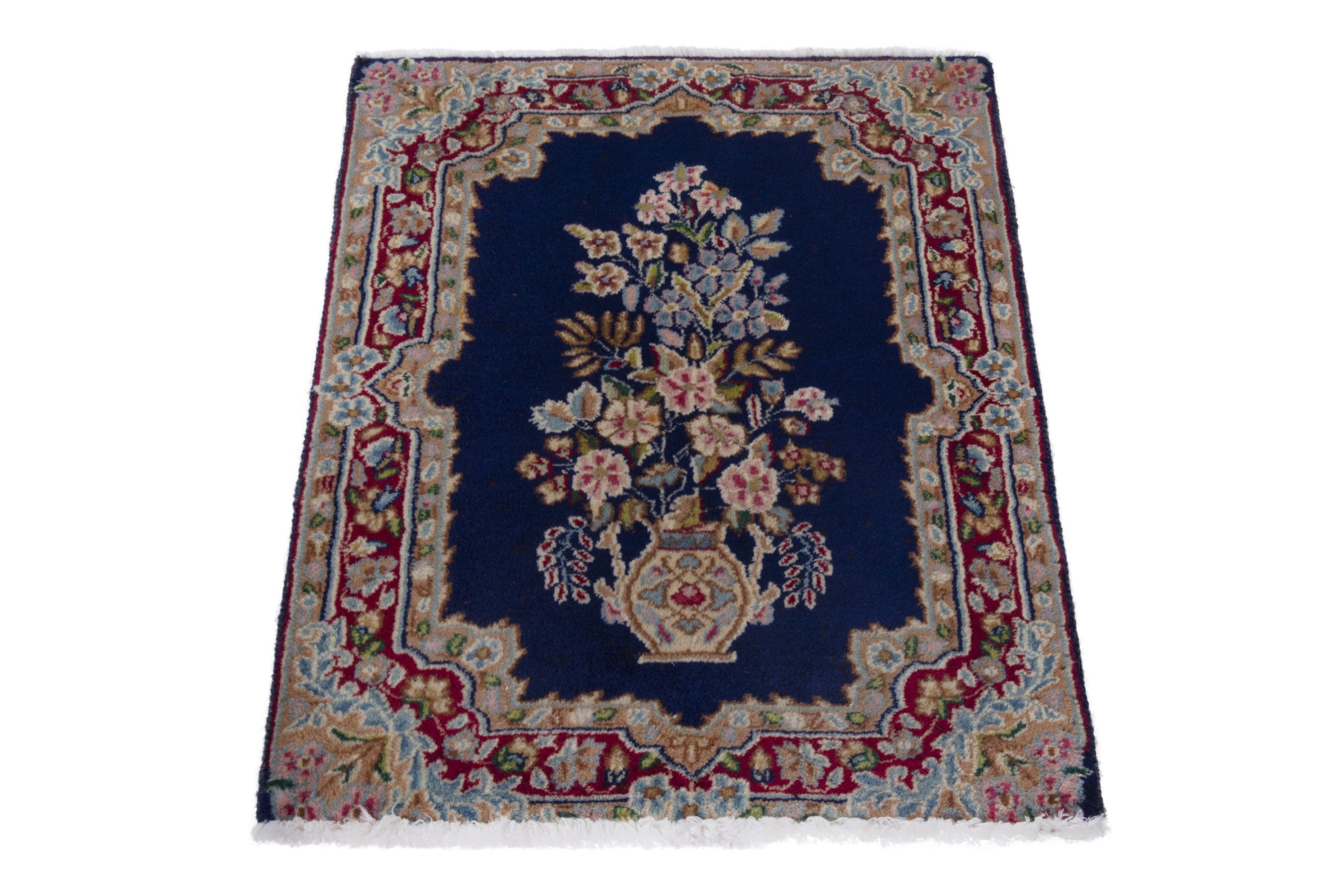 Persian Kerman accent rug in navy and burgundy, view 3 of 7