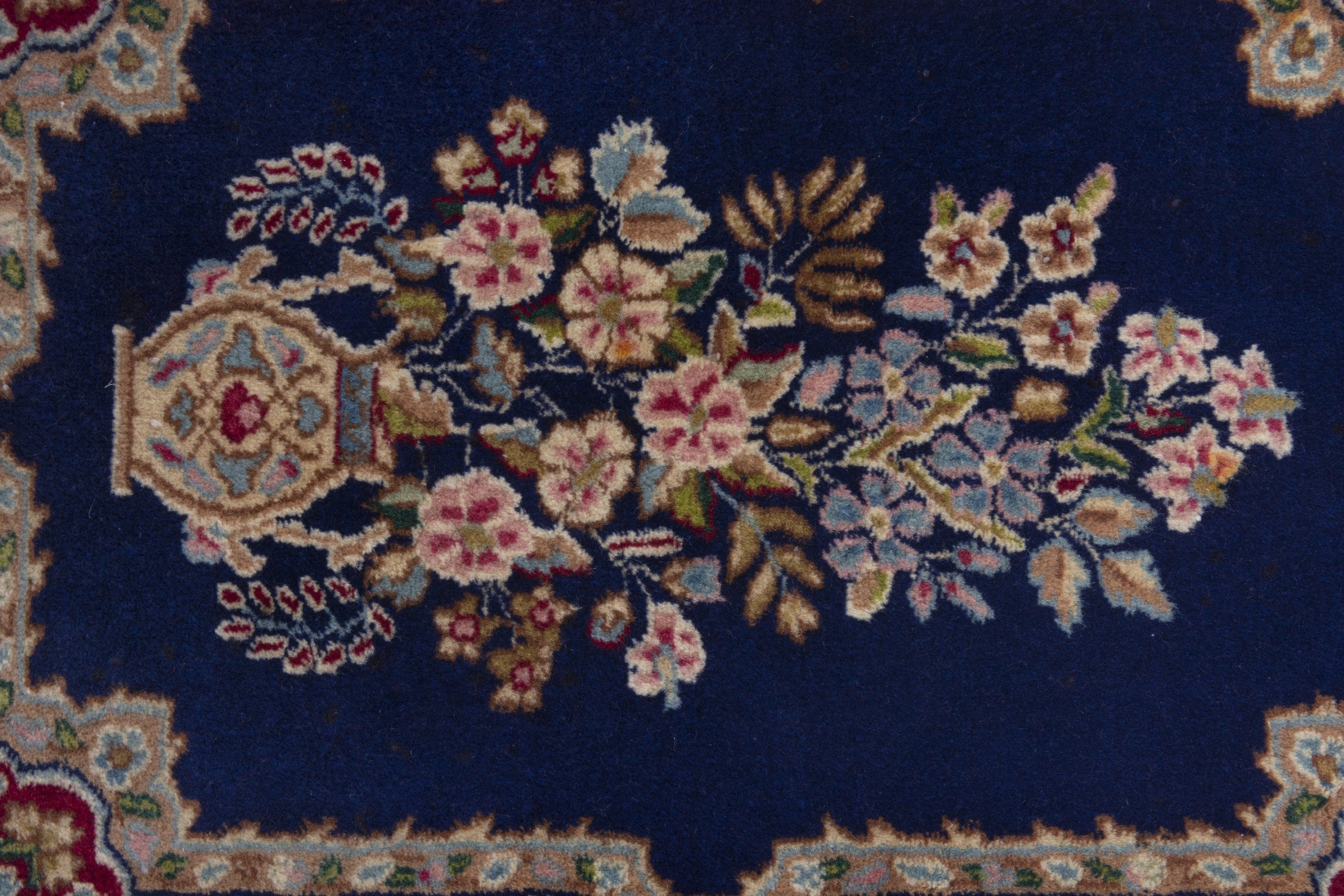Persian Kerman accent rug in navy and burgundy, view 6 of 7