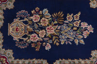 Persian Kerman accent rug in navy and burgundy, view 7 of 8