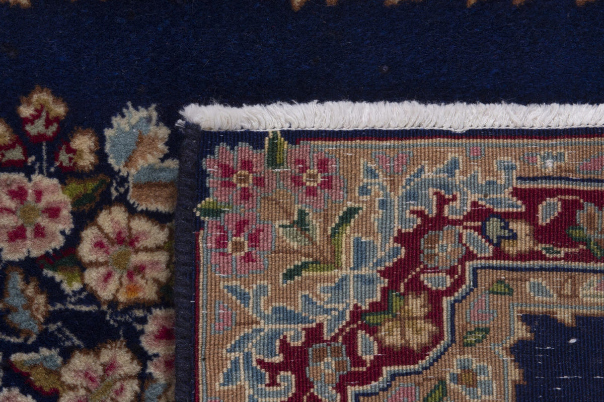 Persian Kerman accent rug in navy and burgundy, view 8 of 8
