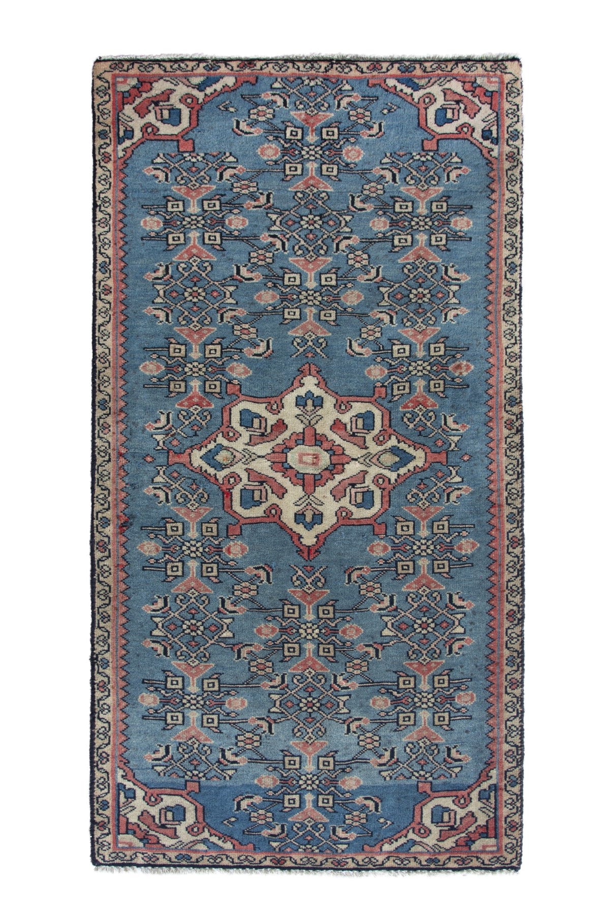 Persian Hamadan accent rug in dusty blue and cream, view 2 of 10
