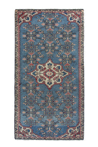 Persian Hamadan accent rug in dusty blue and cream, view 2 of 10