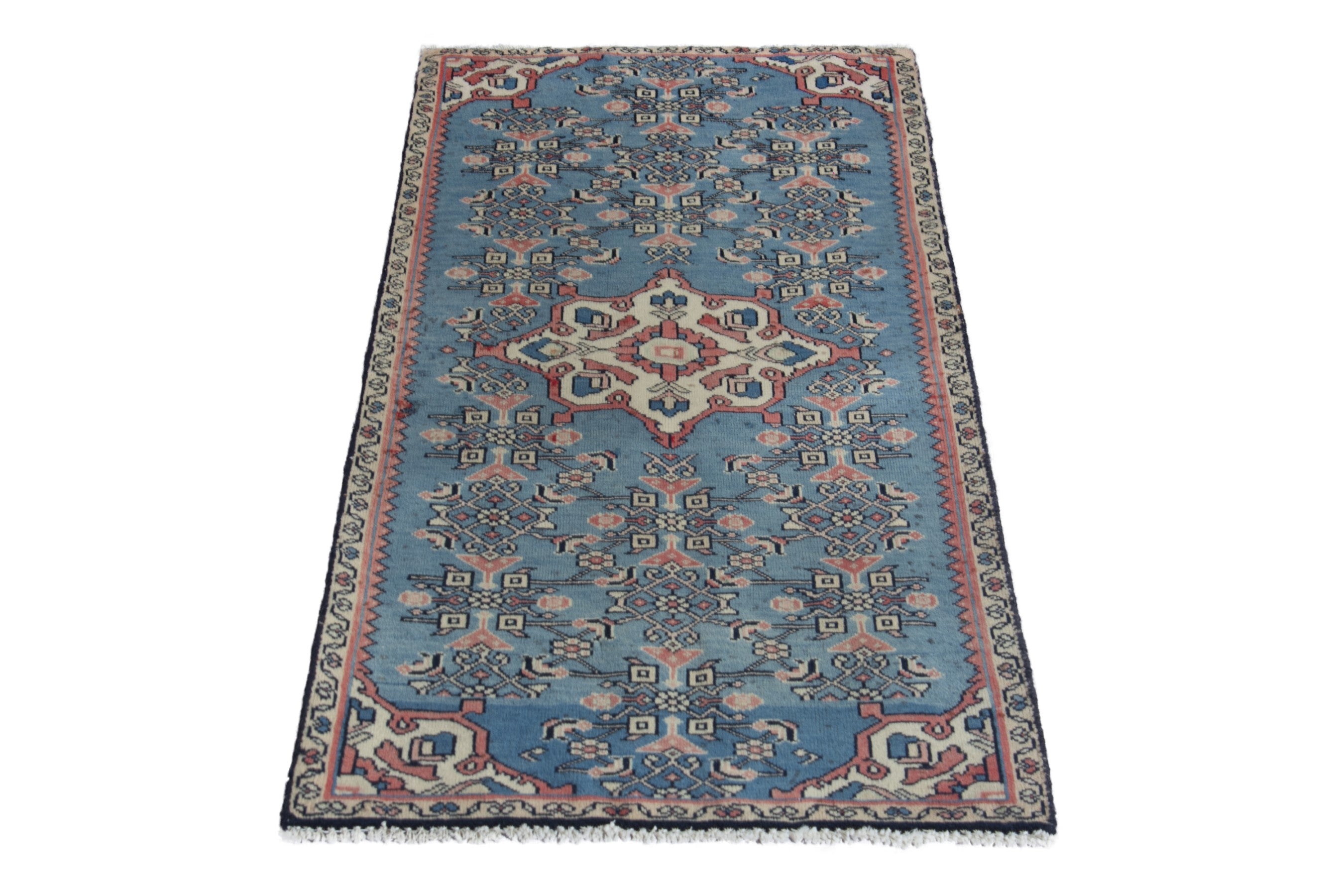 Persian Hamedan accent rug in dusty blue and cream, view 2 of 9