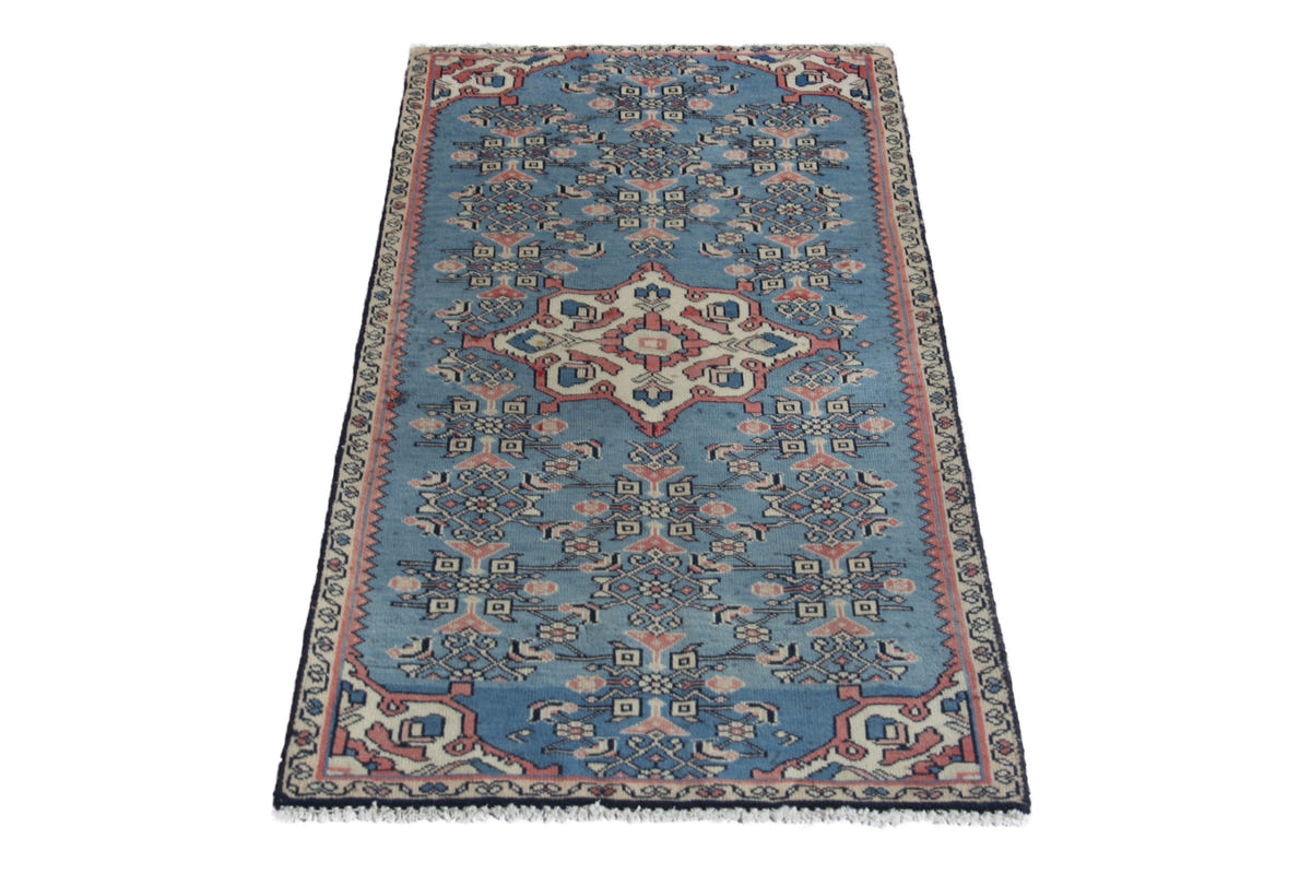 Persian Hamadan accent rug in dusty blue and cream, view 3 of 10