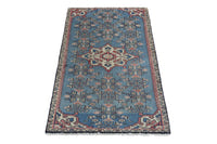 Persian Hamadan accent rug in dusty blue and cream, view 3 of 10