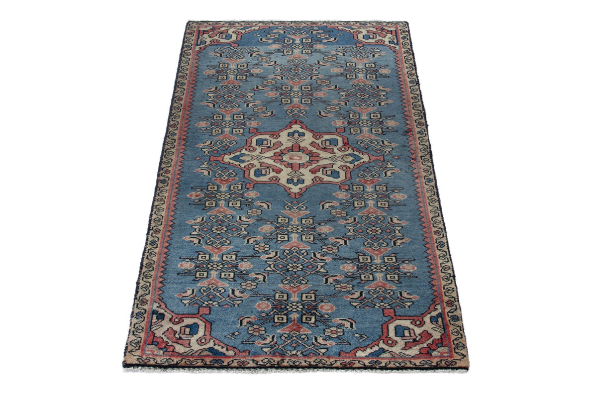 Persian Hamadan accent rug in dusty blue and cream, view 4 of 10